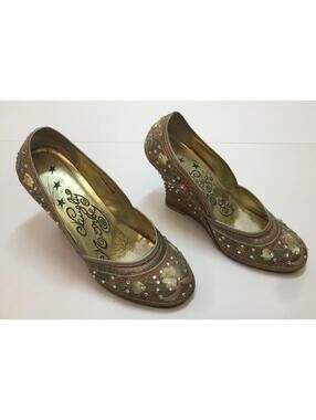 Y2K Naughty Monkey Rani Embroidered Rhinestone Shoes Gold Chunky Wedge Heels 7.5